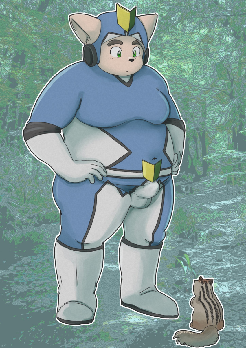 2022 anthro armor balls_outline belly bulge canid canine clothing duo feral genital_outline headgear helmet hi_res kemono male mammal outside overweight overweight_male penis_outline pinoren rodent sciurid skinsuit tight_clothing young