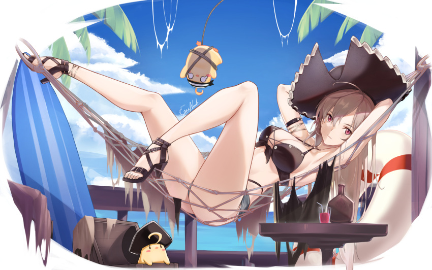 1girl arms_behind_head azur_lane bikini bottle breasts brown_bikini cleavage cutoff_jeans cutoffs full_body gainoob glass hair_between_eyes hammock hat high_heels jean_bart_(azur_lane) jean_bart_(private_apres_midi)_(azur_lane) long_hair looking_at_viewer manjuu_(azur_lane) medium_breasts micro_shorts official_alternate_costume pirate_hat purple_eyes shorts solo swimsuit toeless_footwear white_innertube