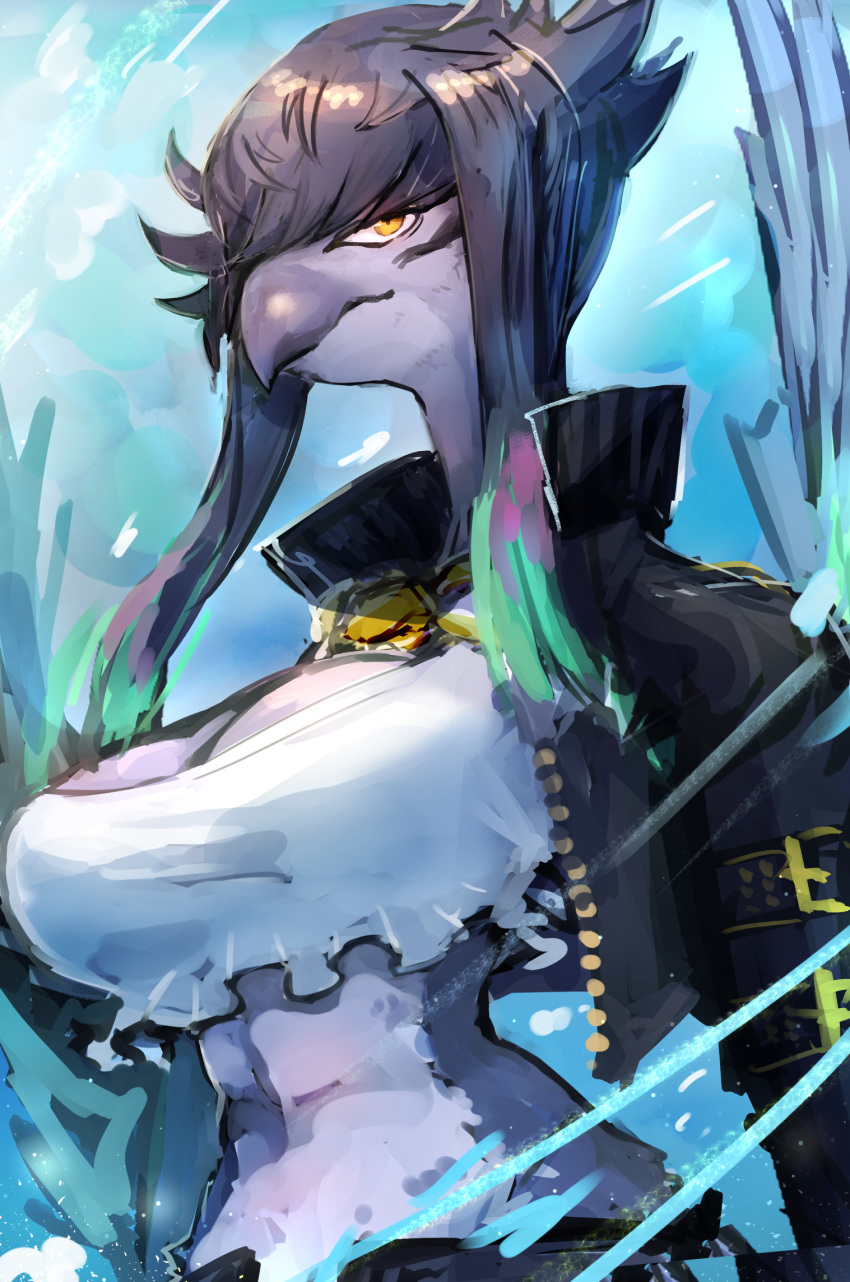 2022 abs abstract_background amber_eyes anthro arm_belt avian beak belly big_breasts bird black_beak black_body black_clothing black_feathers black_hair black_jacket black_topwear bottomwear breasts cleavage clothed clothing crop_top curvaceous curvy_figure digital_media_(artwork) duel_monster exposed_belly facial_markings feathers female fur_hire hair hatano_kyoshi head_markings hi_res jacket jewelry leather leather_clothing leather_jacket leather_topwear markings necklace pants sagitta_maverick_fur_hire shirt solo topwear voluptuous white_clothing white_shirt white_topwear wide_hips yu-gi-oh
