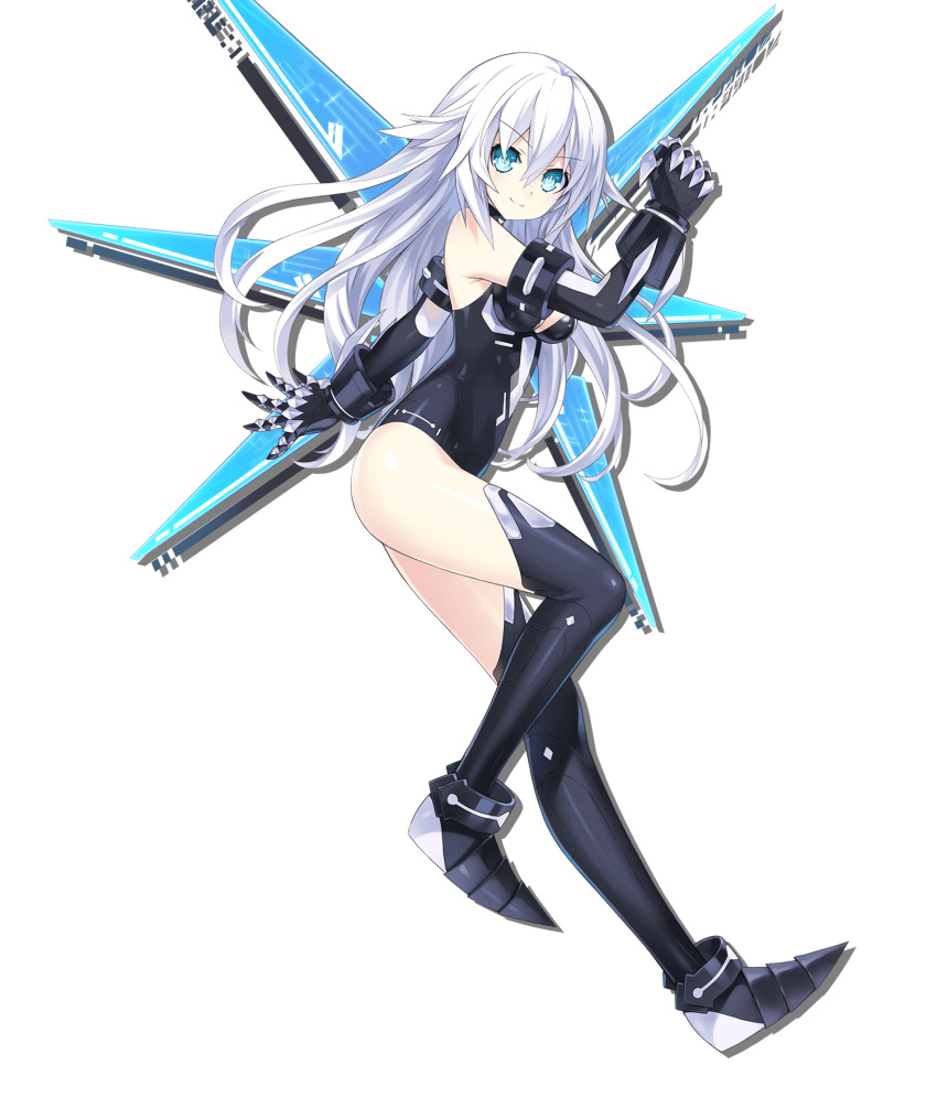 &gt;:) 1girl armor armored_boots bangs bare_shoulders black_choker black_footwear black_gloves black_heart black_leotard blue_eyes blue_wings boots breasts choker choujigen_game_neptune_sisters_vs_sisters clenched_hand closed_mouth detached_wings elbow_gloves floating_hair from_side full_body gauntlets gloves hair_between_eyes hand_up highres leg_up leotard long_hair looking_at_viewer looking_to_the_side medium_breasts neptune_(series) official_art power_symbol skin_tight smile solo standing standing_on_one_leg symbol-shaped_pupils thigh_boots thighhighs transparent_background v-shaped_eyebrows very_long_hair white_hair wings