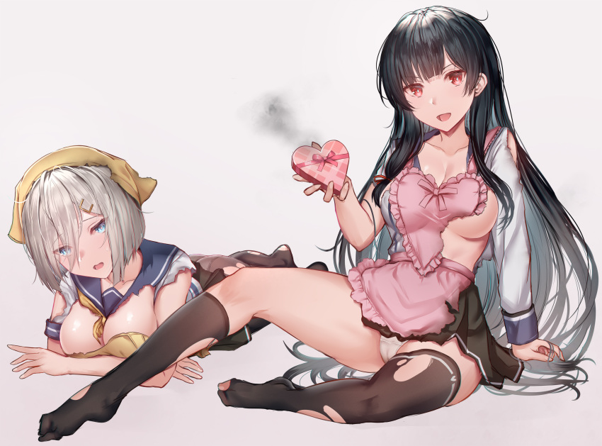 2girls absurdres apron asymmetrical_legwear bangs black_hair black_legwear blue_eyes blue_sailor_collar blunt_bangs box breasts burnt_clothes burnt_food collarbone gift gift_box gradient gradient_background hair_between_eyes hair_ornament hair_over_one_eye hairclip hamakaze_(kancolle) heart-shaped_box highres holding holding_box holding_gift interstellar isokaze_(kancolle) kantai_collection kneehighs large_breasts long_hair looking_at_viewer lying multiple_girls neckerchief on_stomach open_mouth pantyhose pink_apron red_eyes sailor_collar school_uniform serafuku shirt short_hair silver_hair single_kneehigh single_thighhigh sitting skirt thighhighs torn_clothes torn_legwear torn_shirt torn_skirt valentine yellow_neckerchief