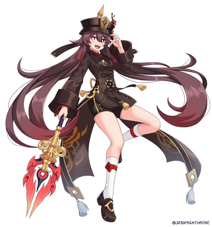 1girl :d artist_name bangs brown_footwear brown_hair brown_shorts chinese_clothes full_body genshin_impact highres holding holding_polearm holding_weapon hu_tao_(genshin_impact) jewelry long_hair looking_at_viewer open_mouth polearm red_eyes ring seraphim_throne shorts simple_background smile solo spear staff_of_homa_(genshin_impact) twintails weapon white_background white_legwear