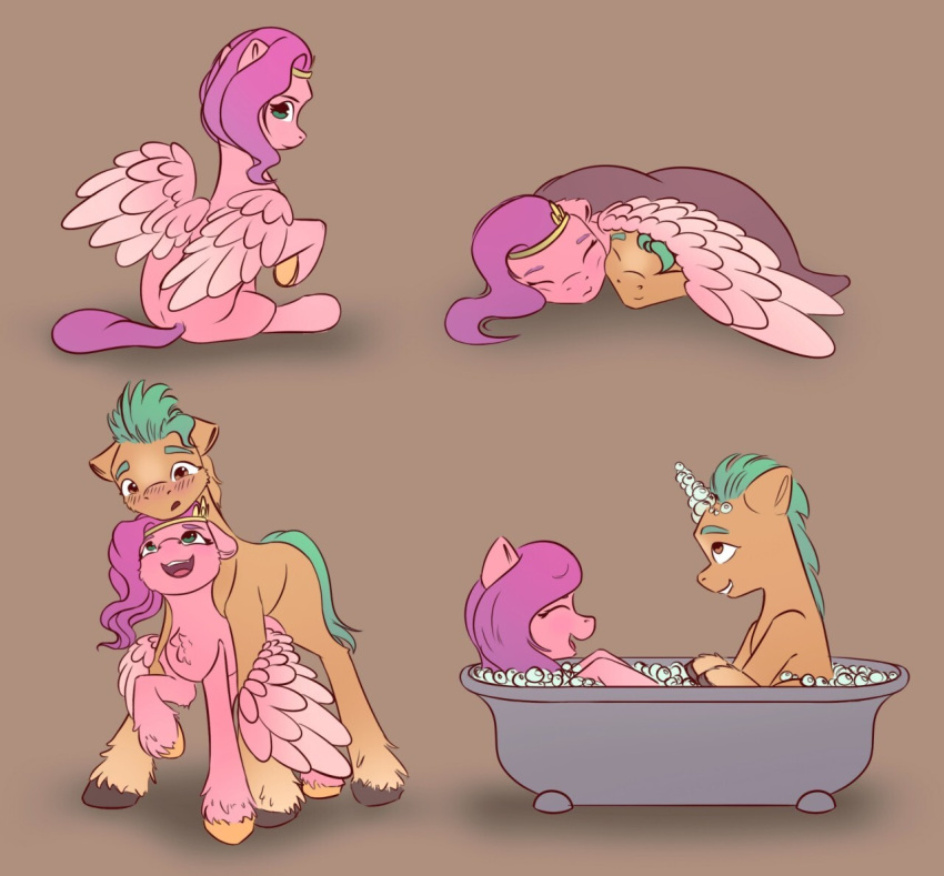 bath bedding blanket blush brown_background bubble cuddling earth_pony equid equine eyebrows female feral green_hair hair happy hasbro hitch_trailblazer_(mlp) hooves horse itssim larger_male looking_at_another looking_down looking_up male mammal mlp_g5 my_little_pony pegasus pink_body pipp_petals_(mlp) pony purple_hair simple_background sitting size_difference smaller_female tan_body using_wings wing_hug wings