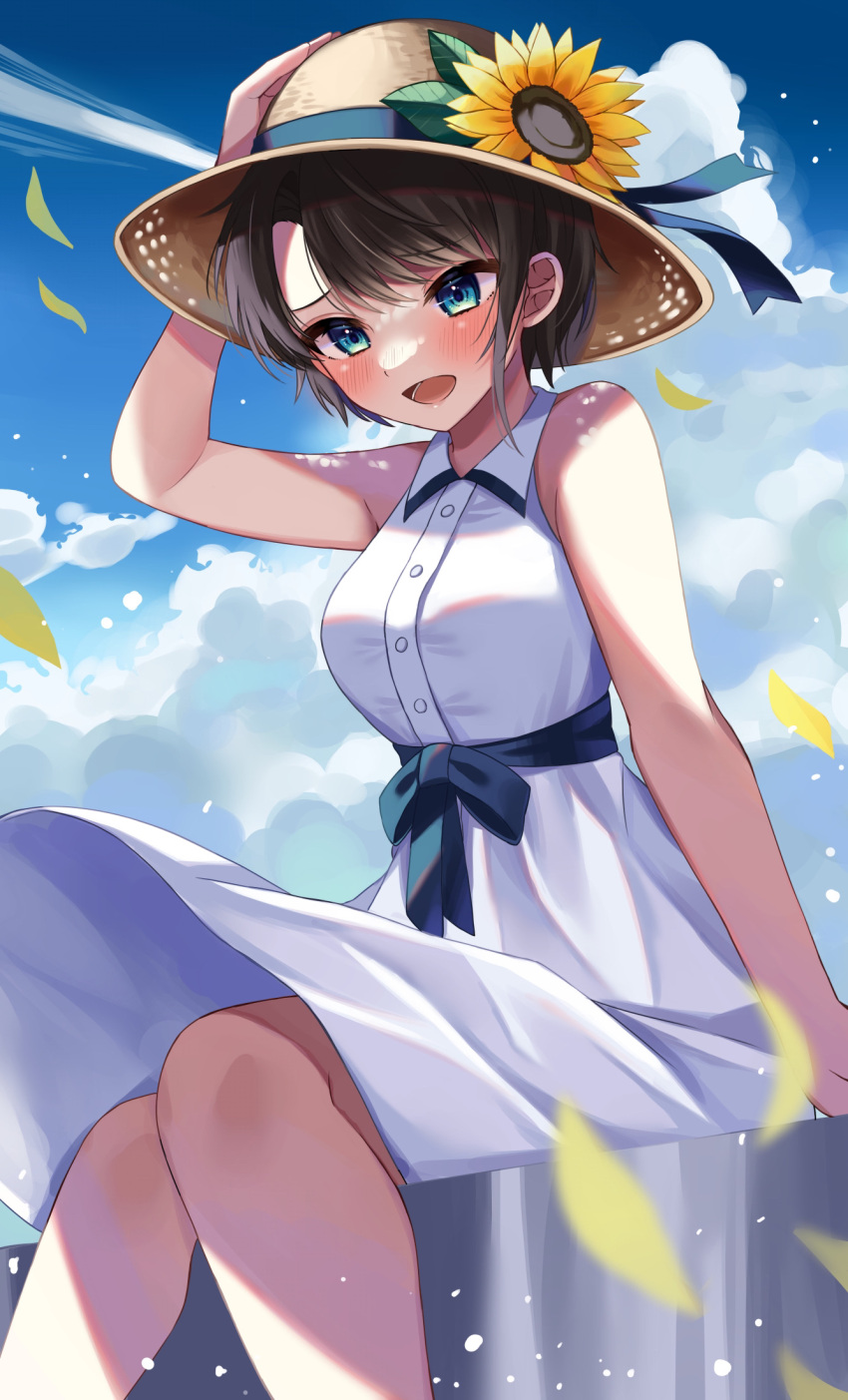 1girl bangs blue_eyes blush breasts brown_hair brown_headwear cloud cloudy_sky collared_dress commentary_request day dress eyebrows_visible_through_hair feet_out_of_frame flower hat hat_flower highres hololive knees_together_feet_apart leaf medium_breasts moonbell oozora_subaru open_mouth outdoors short_hair sitting sky sleeveless sleeveless_dress solo sun_hat sunflower virtual_youtuber white_dress