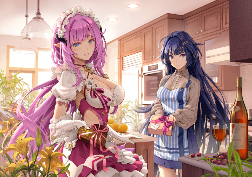 2girls bangs black_eyes black_hair blue_eyes blush breasts candy chocolate cleavage closed_mouth cowboy_shot elysia_(honkai_impact) food hair_ornament hairclip heart heart-shaped_chocolate highres honkai_(series) honkai_impact_3rd indoors kitchen large_breasts long_hair looking_at_viewer maid_headdress multiple_girls parted_lips pinakes pink_hair pointy_ears puffy_short_sleeves puffy_sleeves raiden_mei short_sleeves smile valentine