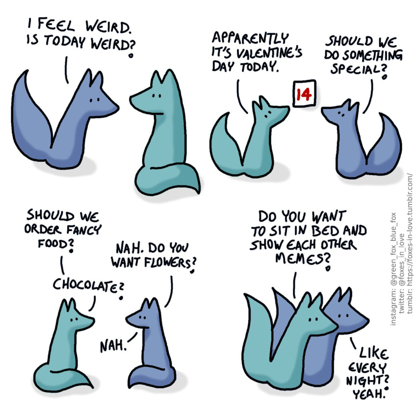 1:1 ? blue_body blue_fox_(foxes_in_love) blue_fur blue_tail canid canine comic dialogue duo english_text feral fox foxes_in_love fur green_body green_fox_(foxes_in_love) green_fur green_tail hi_res holidays male_(lore) mammal shadow simple_background text url valentine's_day