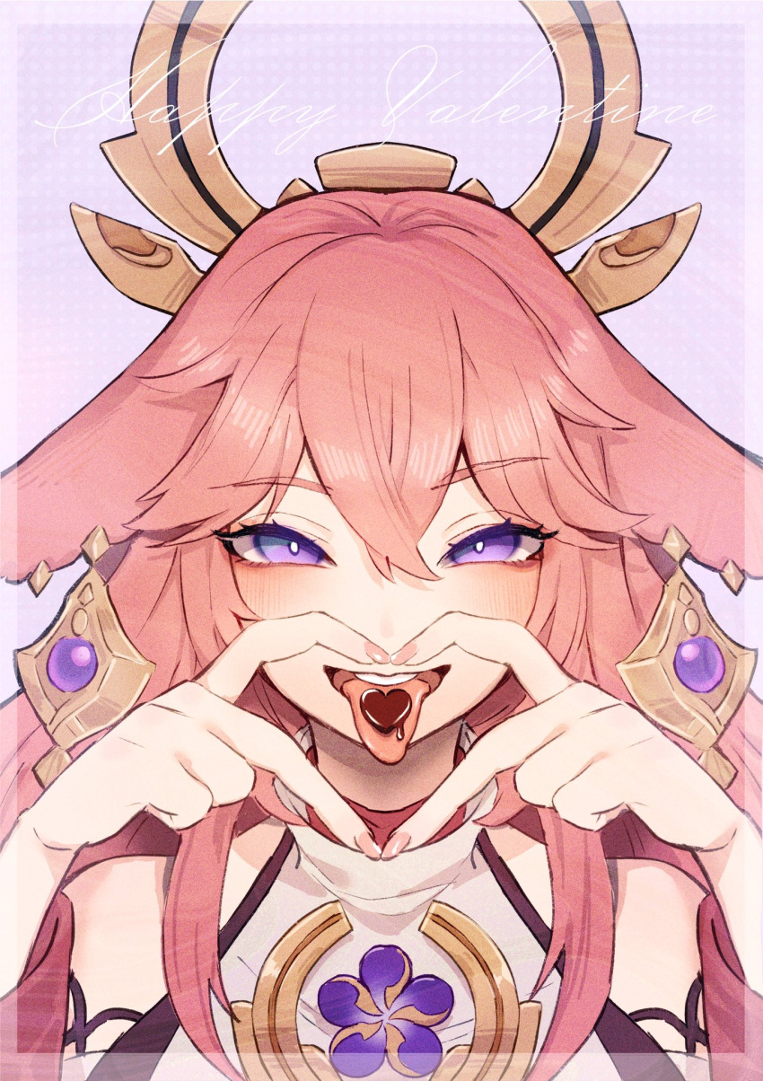 1girl :d animal_ears bangs bare_shoulders blush bright_pupils chocolate commentary crossed_bangs detached_sleeves earrings english_commentary eyelashes eyeshadow food_in_mouth fox_ears genshin_impact hair_between_eyes happy_valentine headgear heart heart_hands highres japanese_clothes jewelry long_hair long_sleeves looking_at_viewer makeup miko necklace open_mouth pink_hair pink_nails priestess red_eyeshadow shiny shiny_hair sidelocks smile solo sukoyaka93 teeth tongue tongue_out turtleneck upper_body upper_teeth valentine white_pupils yae_miko