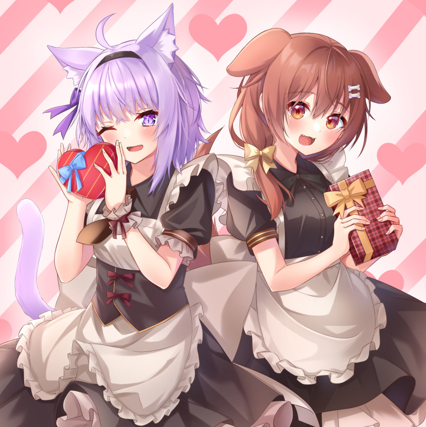 2girls :d ;d alternate_costume animal_ear_fluff animal_ears apron black_dress black_hairband boned_meat bow box breasts brown_eyes brown_hair cat_ears cat_tail commentary_request corset dog_ears dress enmaided food frilled_apron frills hair_bow hairband heart-shaped_box highres holding holding_box hololive hoshino_reiji inugami_korone long_hair maid meat medium_breasts multiple_girls nekomata_okayu one_eye_closed puffy_short_sleeves puffy_sleeves purple_eyes purple_hair short_sleeves smile tail valentine wrist_cuffs