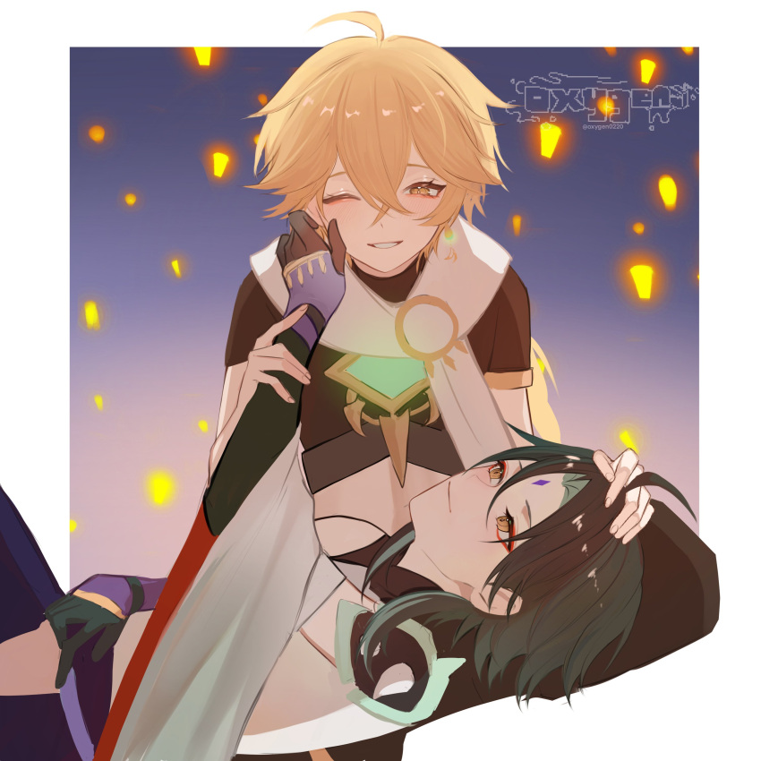 2boys absurdres aether_(genshin_impact) bangs bead_necklace beads black_hair blonde_hair braid closed_eyes earrings eyebrows_visible_through_hair genshin_impact gloves green_hair hair_between_eyes hetero highres jewelry lantern long_hair male_focus multicolored_hair multiple_boys necklace oxygen parted_bangs short_hair short_hair_with_long_locks sidelocks simple_background single_braid smile twitter_username two-tone_hair xiao_(genshin_impact) yellow_eyes