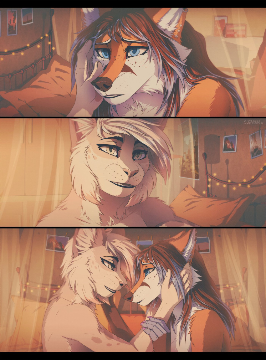 2022 5_fingers anthro black_bars blue_eyes breasts brown_hair brown_nose canid canine digital_media_(artwork) eyebrows eyelashes felid feline female fingers fox fur hair hi_res mammal nude smile suzamuri tan_eyes