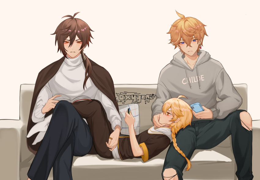 3boys aether_(genshin_impact) bangs black_hair blonde_hair blue_eyes blush book braid brown_hair closed_mouth clothes couch earrings eyebrows_visible_through_hair genshin_impact gloves gradient_hair grey_hoodie hair_between_eyes hair_ornament highres hood hoodie jewelry long_hair long_sleeves male_focus multicolored_hair multiple_boys orange_hair oxygen pants phone ponytail reading simple_background single_braid single_earring tartaglia_(genshin_impact) torn_clothes torn_pants twitter_username yellow_eyes zhongli_(genshin_impact)