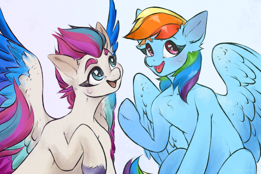 absurd_res blue_body blue_eyes blue_hair duo equid equine eyebrows feathered_wings feathers female feral friendship_is_magic hair hasbro hi_res hooves mammal mlp_g5 multicolored_hair my_little_pony open_mouth pegasus pink_eyes pink_hair rainbow_dash_(mlp) rainbow_hair rico_chan short_hair simple_background tongue white_background white_body wings zipp_storm_(mlp)