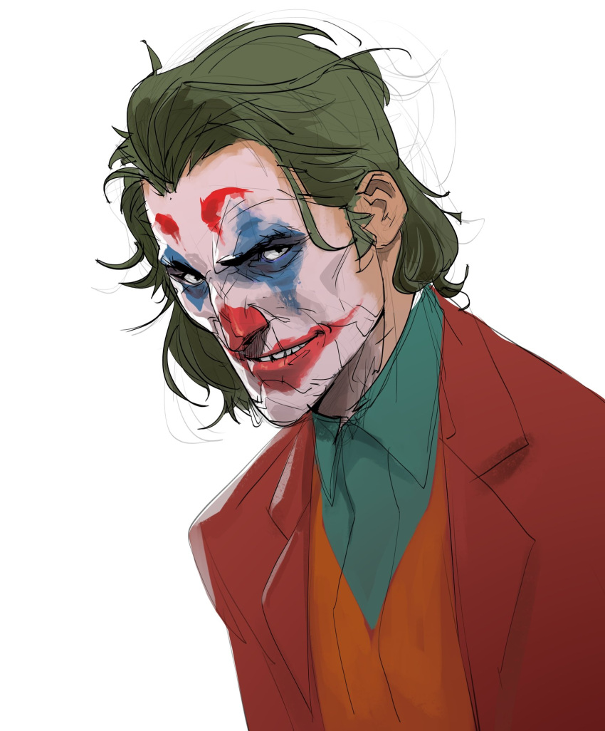 1boy arthur_fleck bangs clown collared_shirt facepaint green_hair green_shirt grey_background hicham_habchi highres jacket joker_(2019) joker_(dc) looking_at_viewer male_focus messy_hair orange_vest red_jacket red_suit shirt short_hair simple_background solo teeth upper_body vest white_background