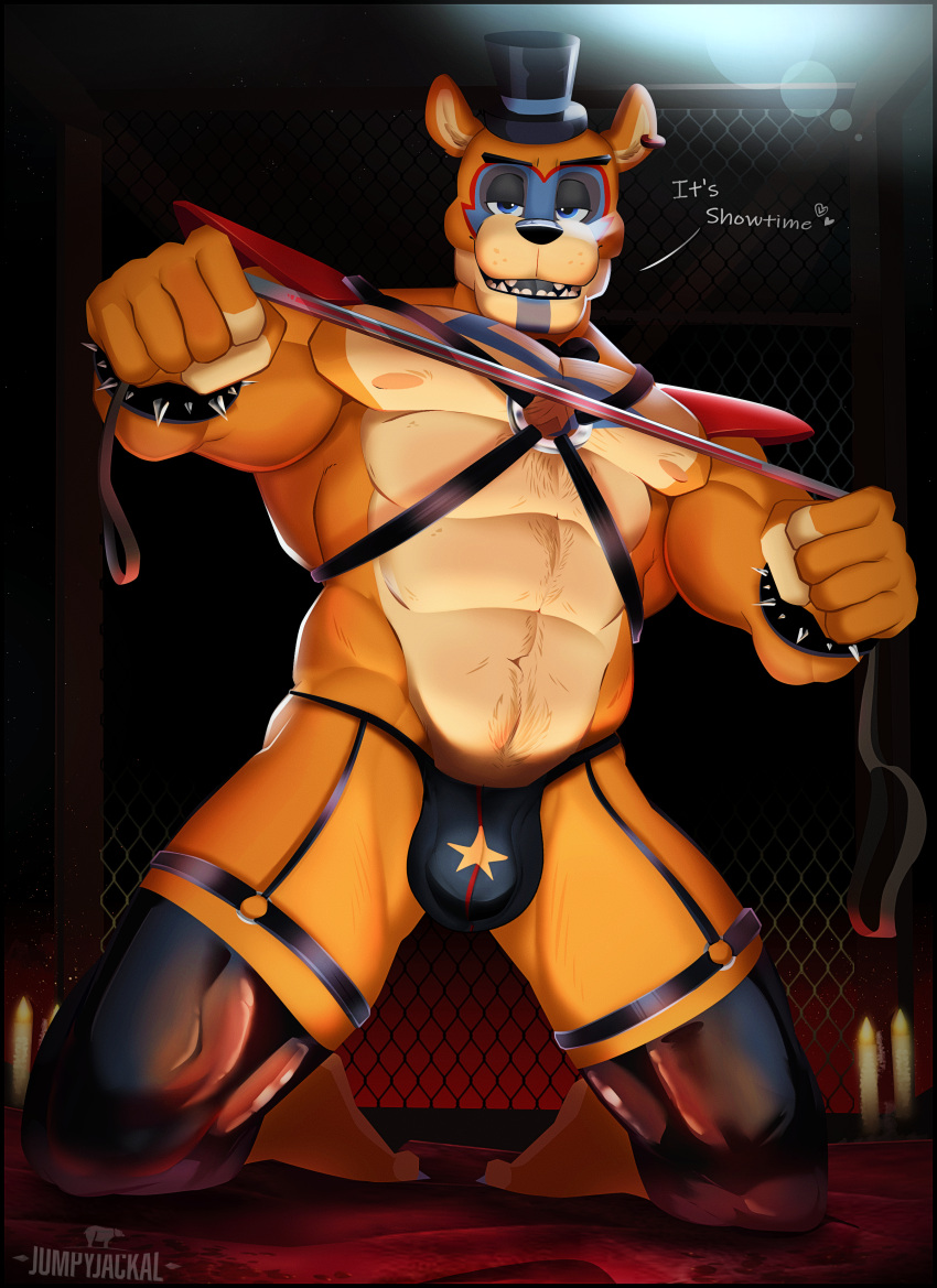 &lt;3 abs abstract_background absurd_res anthro arm_cuffs bdsm bedroom_eyes biceps big_pecs blue_eyes body_hair bow_tie broad_shoulders bulge candle chest_markings clothing countershade_torso countershading dialogue ear_piercing ear_ring facial_markings fist five_nights_at_freddy's five_nights_at_freddy's:_security_breach genital_outline glamrock_freddy_(fnaf) happy_trail harness hat head_markings headgear headwear hi_res inner_ear_fluff jumpy_jackal kneeling latex_legwear leash leash_pull looking_at_viewer male mammal markings mostly_nude multicolored_body narrowed_eyes nipples open_mouth orange_body pecs penis_outline piercing scottgames seductive shaded shoulder_pads solo talking_to_viewer teeth thick_thighs thong top_hat tuft two_tone_body underwear ursid video_games