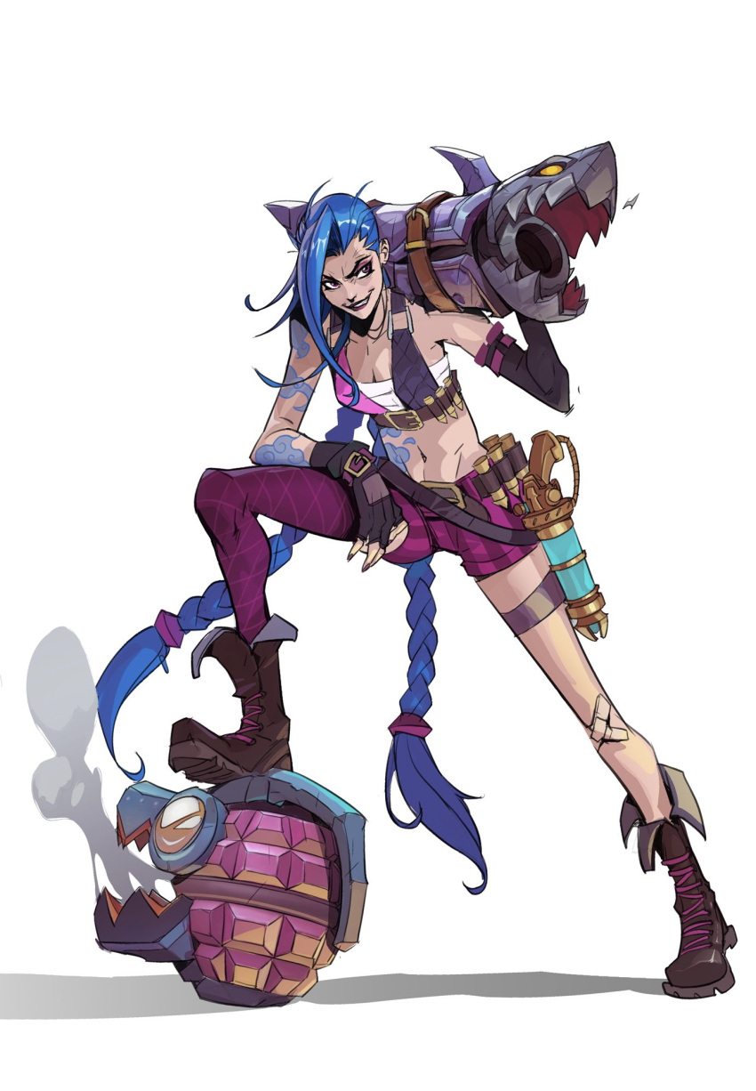 1girl asymmetrical_bangs bandaid bandaid_on_knee bangs bare_shoulders belt blue_hair boots braid breasts brown_footwear bullet cleavage detached_sleeves explosive fingerless_gloves full_body gloves grenade grin gun hicham_habchi highres holding holding_weapon jinx_(league_of_legends) knee_up league_of_legends long_hair navel oversized_object pink_shorts rocket_launcher shiny shiny_hair shorts single_fingerless_glove single_leg_pantyhose small_breasts smile smoke solo stomach striped striped_shorts teeth twin_braids weapon