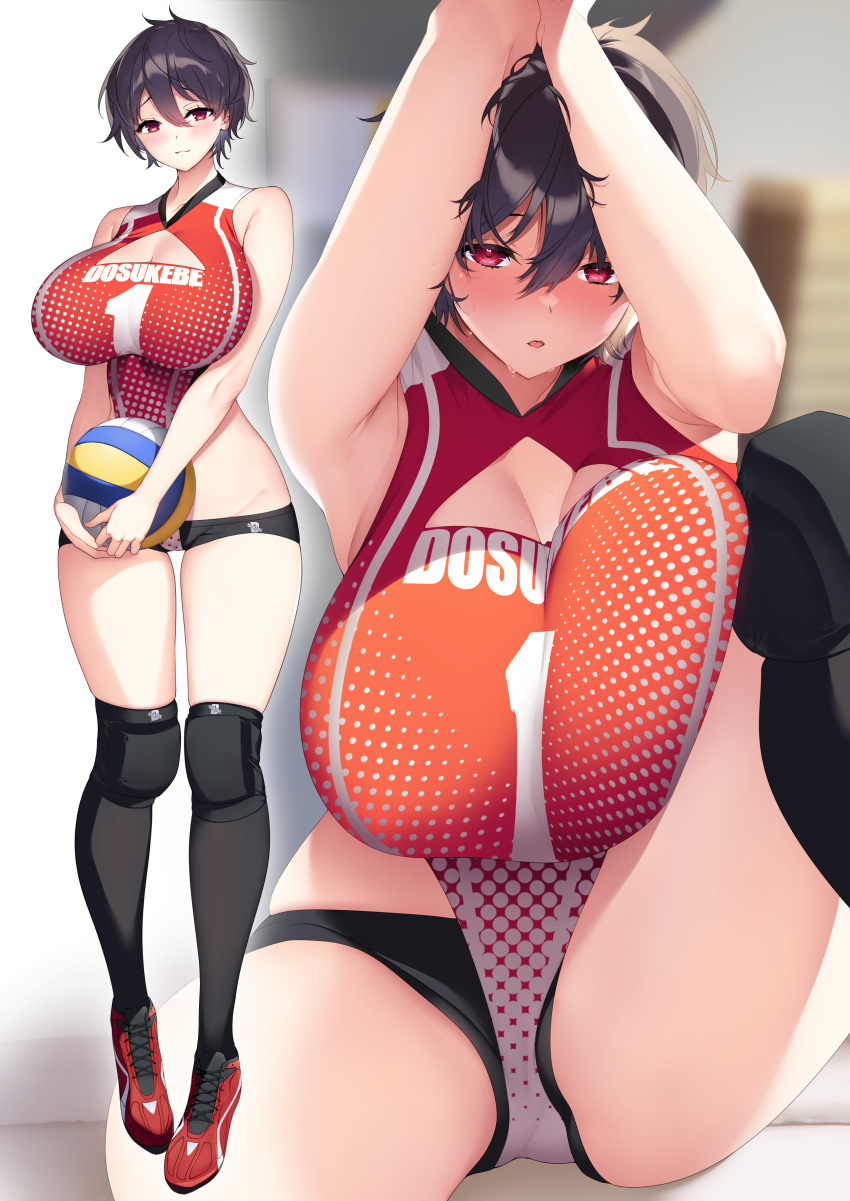 1girl absurdres armpits arms_up arrow_(tamawo222) ball bangs bare_arms black_hair black_legwear black_shorts blurry blurry_background blush breasts commentary_request eyebrows_visible_through_hair full_body hair_between_eyes halftone_texture highres holding holding_ball knee_pads kneehighs large_breasts leotard multiple_views open_mouth original red_eyes red_footwear short_hair short_shorts shorts sportswear spread_legs standing sweat thighhighs thighs volleyball volleyball_uniform