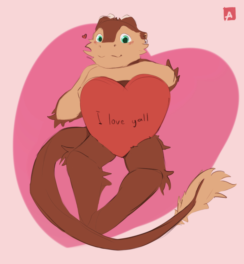 &lt;3 andr0ch anthro blue_eyes blush brown_body brown_fur dragon fur furred_dragon hi_res holidays looking_at_viewer male reed_(andr0ch) sitting solo tail_tuft tuft valentine's_day