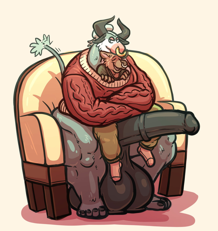 anthro balls barefoot big_balls big_penis bottomless bottomless_anthro bottomless_male bovid bovine cattle chubby_anthro chubby_male clothed clothing cuddling duo eyes_closed facial_piercing feet furniture genitals gerrark half-closed_eyes hi_res horn huge_balls huge_penis hyaenid hyper hyper_balls hyper_genitalia hyper_penis joe_(joebluefox) joebluefox looking_at_viewer love male male/male mammal man_bun muscular muscular_anthro muscular_male narrowed_eyes nose_piercing nose_ring on_sofa penis piercing romantic romantic_couple sitting sitting_on_sofa size_difference slightly_chubby smile smirk smug smug_face smug_grin sofa sweater topwear