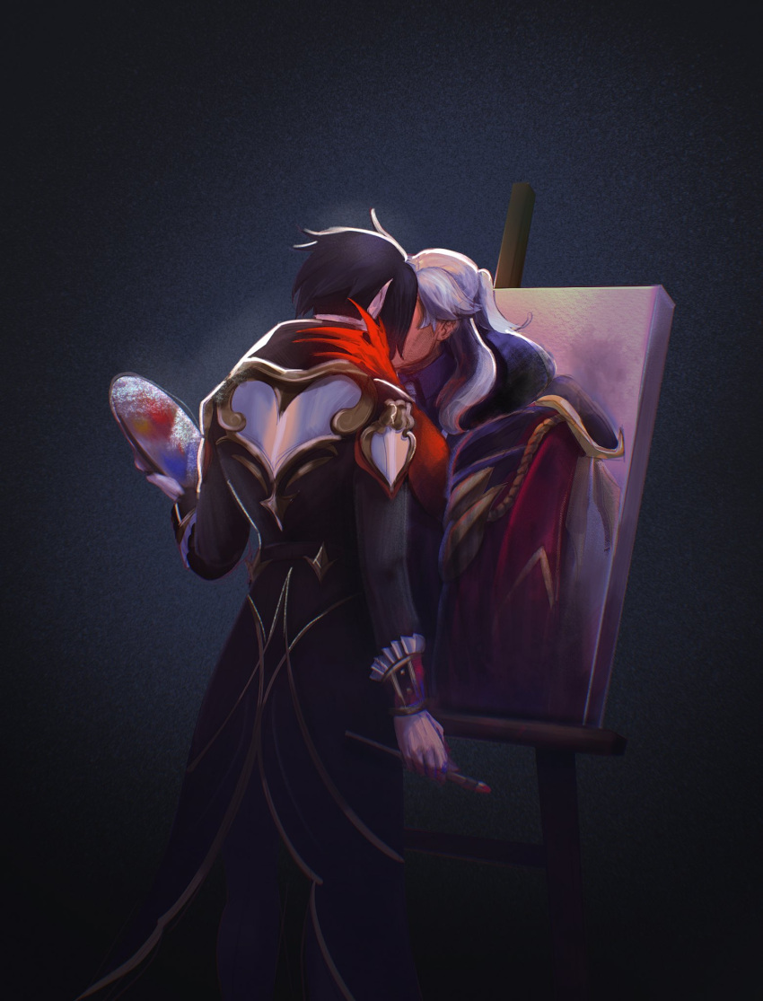 2boys alternate_costume andi_doodle_stash bangs black_hair black_shirt collared_shirt facing_another gradient gradient_background grey_hair heart highres holding holding_paintbrush holding_palette implied_kiss jacket league_of_legends long_hair long_sleeves multiple_boys paintbrush palette_(object) pointy_ears portrait_(object) red_jacket shirt short_hair standing swain_(league_of_legends) vladimir_(league_of_legends) yaoi