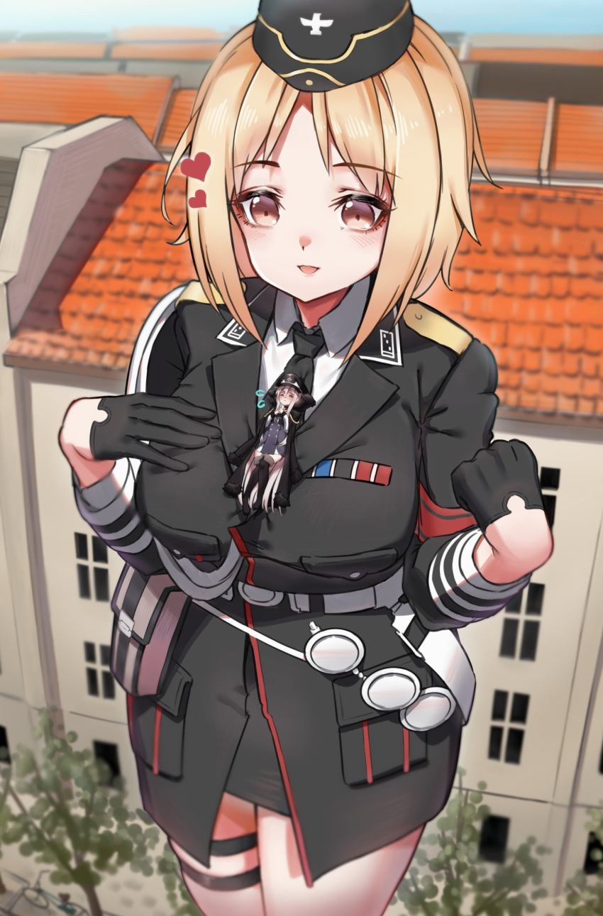 2girls absurdres black_gloves black_headwear black_jacket black_necktie black_skirt blonde_hair collared_shirt eyebrows_visible_through_hair garrison_cap giant giantess girls'_frontline gloves half_gloves hat heart highres jacket kar98k_(girls'_frontline) long_hair military military_jacket military_uniform mp40_(girls'_frontline) multiple_girls necktie open_mouth outdoors peaked_cap pencil_skirt shirt short_hair skirt solo thigh_strap toryu_fufu uniform wehrmacht white_hair white_shirt yellow_eyes