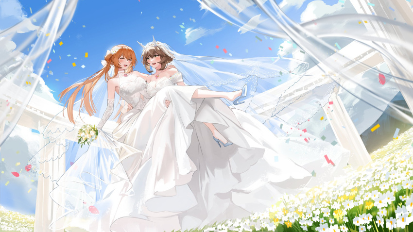 2girls blue_footwear blush bouquet breasts brown_hair carrying cleavage closed_mouth collarbone commission crossover day dress elbow_gloves flower girls'_frontline gloves green_eyes hair_bun headgear heart_lock_(kantai_collection) high_heels highres kantai_collection long_hair multiple_girls mutsu_(kancolle) open_mouth outdoors princess_carry second-party_source short_hair sidelocks solo sowb springfield_(girls'_frontline) wedding_dress white_dress white_gloves