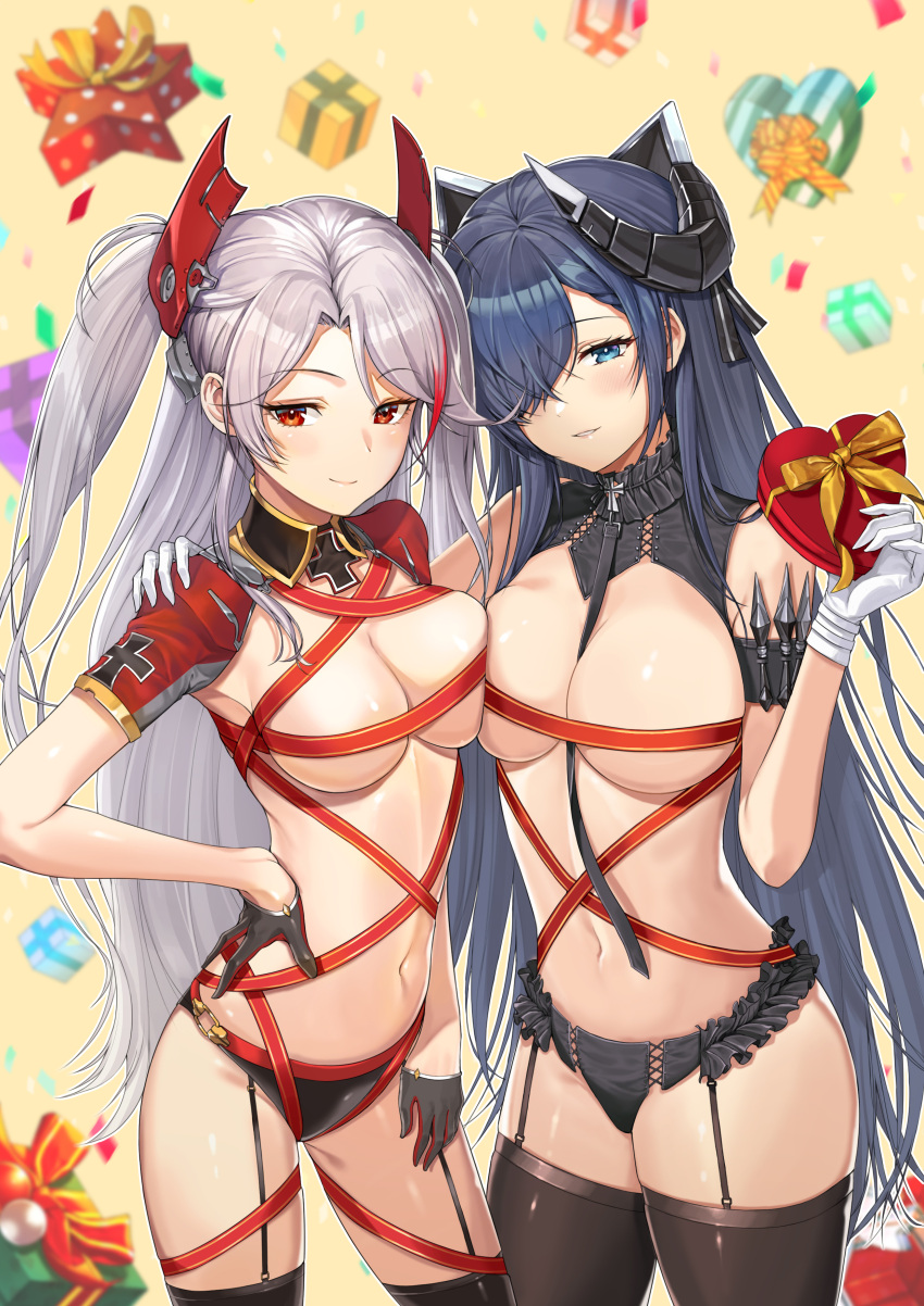2girls absurdres arm_holster asymmetrical_docking august_von_parseval_(azur_lane) azur_lane beida53878791 between_breasts black_gloves black_legwear black_panties blue_eyes blue_hair box box_of_chocolates breast_press breasts cleavage closed_mouth dagger detached_collar frilled_panties frills garter_straps gift gift_box gift_wrapping gloves hair_over_one_eye hand_on_another's_shoulder headgear heart-shaped_box highres holding holding_box horns iron_blood_(emblem) knife large_breasts long_hair looking_at_viewer multicolored_hair multiple_girls navel nearly_naked_ribbon panties parted_lips prinz_eugen_(azur_lane) red_eyes red_hair red_ribbon ribbon shrug_(clothing) smile stomach straight_hair streaked_hair thighhighs two_side_up underwear valentine very_long_hair weapon white_gloves white_hair