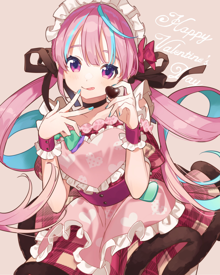 1girl :q apron bangs black_choker blue_hair blue_nails booota bow brown_background candy chocolate choker closed_mouth collarbone commentary_request dress eyebrows_behind_hair food frilled_apron frills fur-trimmed_dress fur_trim hair_bow hands_up happy_valentine heart heart-shaped_chocolate highres holding holding_food hololive licking_lips long_hair maid_headdress minato_aqua multicolored_hair nail_polish pink_apron pink_hair plaid plaid_dress pleated_dress puffy_short_sleeves puffy_sleeves purple_eyes red_bow red_dress short_sleeves simple_background smile solo streaked_hair tongue tongue_out twintails two-tone_hair valentine very_long_hair virtual_youtuber wrist_cuffs