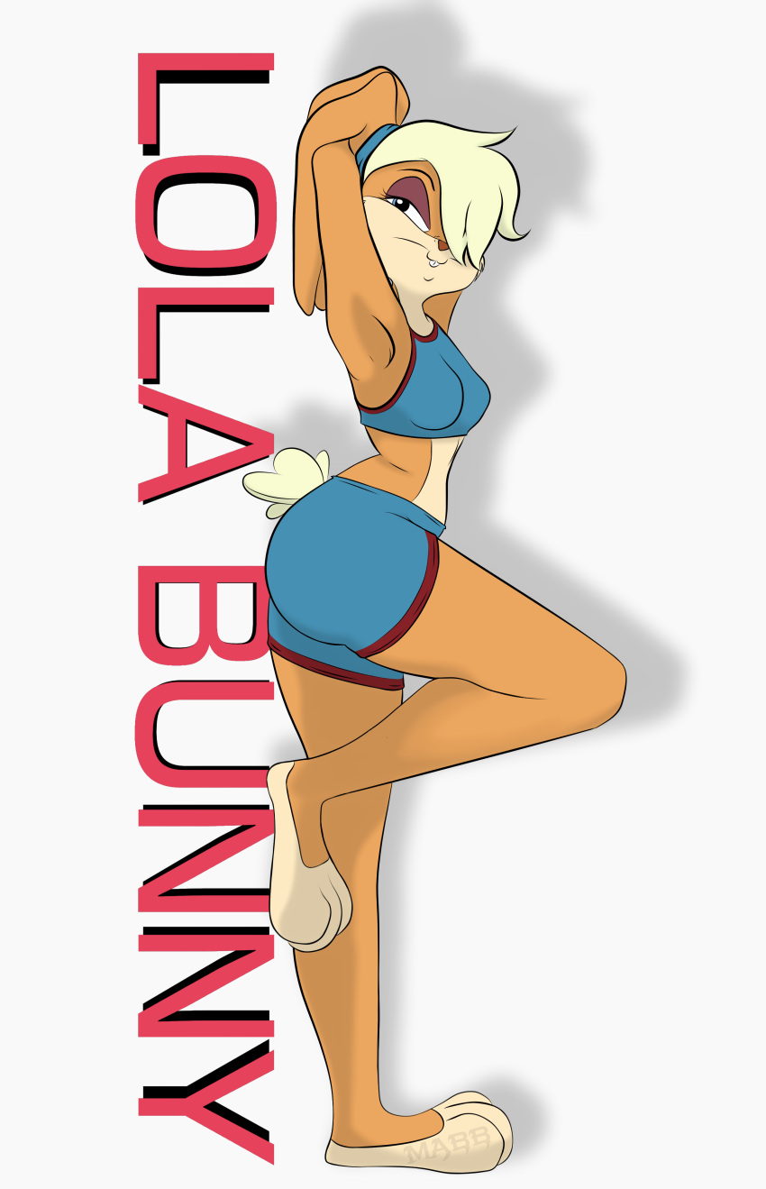 absurd_res anthro bottomwear bra buckteeth clothed clothing female hair hair_over_eye hands_behind_head hi_res lagomorph leporid lola_bunny looking_at_viewer looney_tunes maghost mammal midriff one_eye_obstructed pinup pose rabbit shorts simple_background solo sports_bra teeth underwear warner_brothers white_background