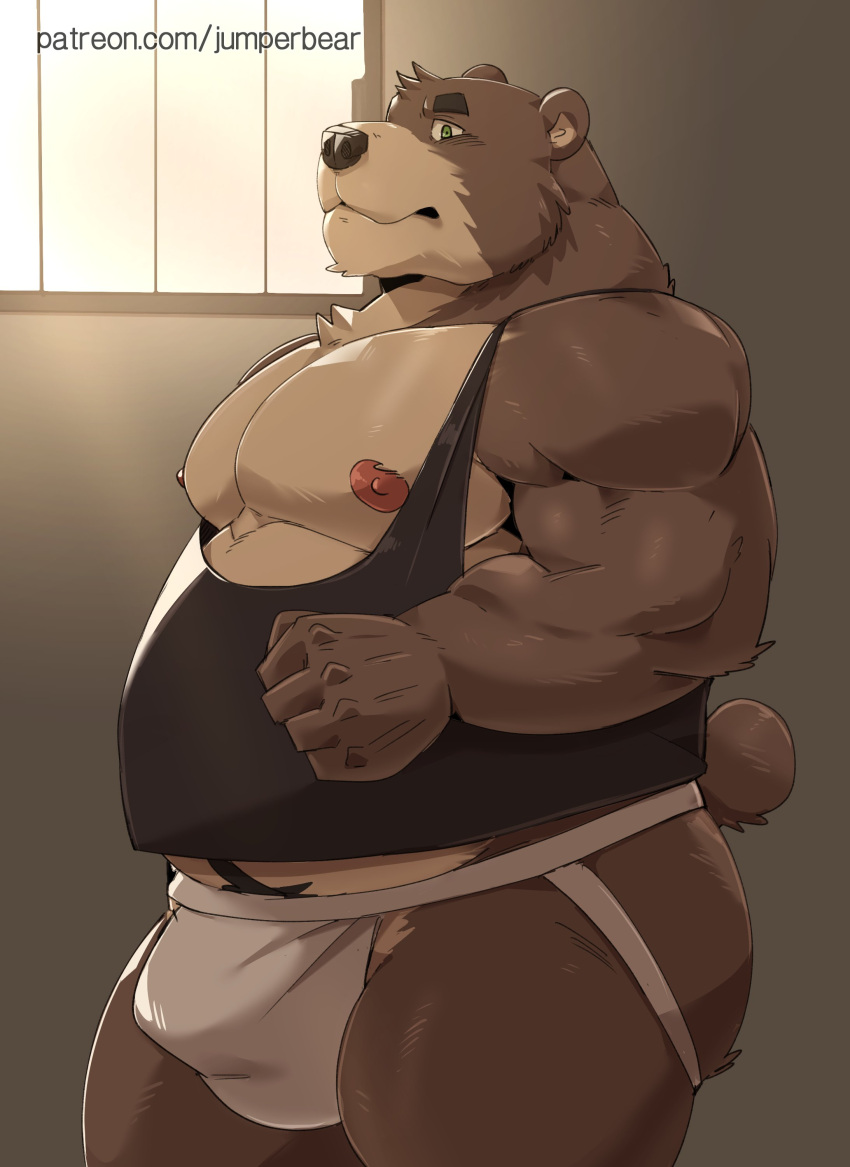 2022 absurd_res anthro brown_body brown_nose bulge clothing hi_res humanoid_hands jockstrap jumperbear kemono male mammal overweight overweight_male shirt solo topwear underwear ursid