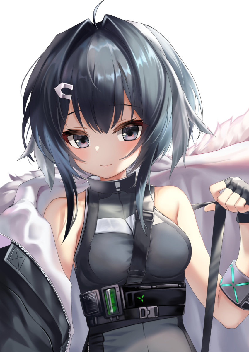 1girl ahoge arknights bare_shoulders between_breasts black_eyes black_gloves black_hair blush bracelet breasts closed_mouth coat ehart feather_hair fingerless_gloves fur-trimmed_coat fur_trim gloves hair_intakes hair_ornament hairclip highres infection_monitor_(arknights) jewelry la_pluma_(arknights) looking_at_viewer short_hair_with_long_locks sidelocks simple_background small_breasts smile solo underbust unworn_coat upper_body white_background white_coat