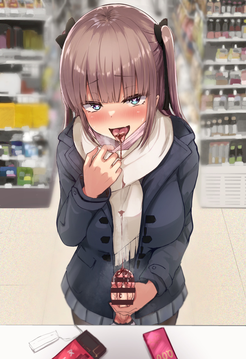 1girl absurdres akiamare bangs bar_censor black_ribbon blurry blurry_background blush brown_hair censored chocolate_on_clothes chocolate_on_penis erection eyebrows_visible_through_hair futanari futanari-chan_(akiamare) green_eyes hair_ribbon heart heart-shaped_pupils highres indoors jacket long_hair long_sleeves looking_at_viewer mask mask_pull mouth_mask open_mouth original penis pleated_skirt ribbon scarf skirt solo symbol-shaped_pupils tongue tongue_out valentine white_scarf
