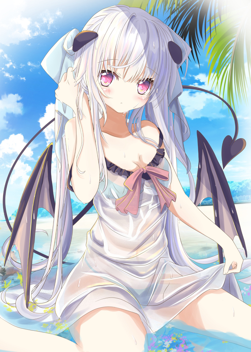 aqua_bikini aruka_(alka_p1) bangs beach bikini bikini_under_clothes blue_skirt breasts cleavage closed_mouth cloud collarbone commentary_request day demon demon_girl demon_tail demon_wings dress eyebrows_visible_through_hair hair_ribbon highres japanese_clothes kimono long_hair looking_at_viewer moe2022 ocean original outdoors palm_tree partially_submerged red_eyes ribbon silver_hair sitting skirt sky small_breasts swimsuit tail tree wet wet_clothes wet_dress white_dress wings