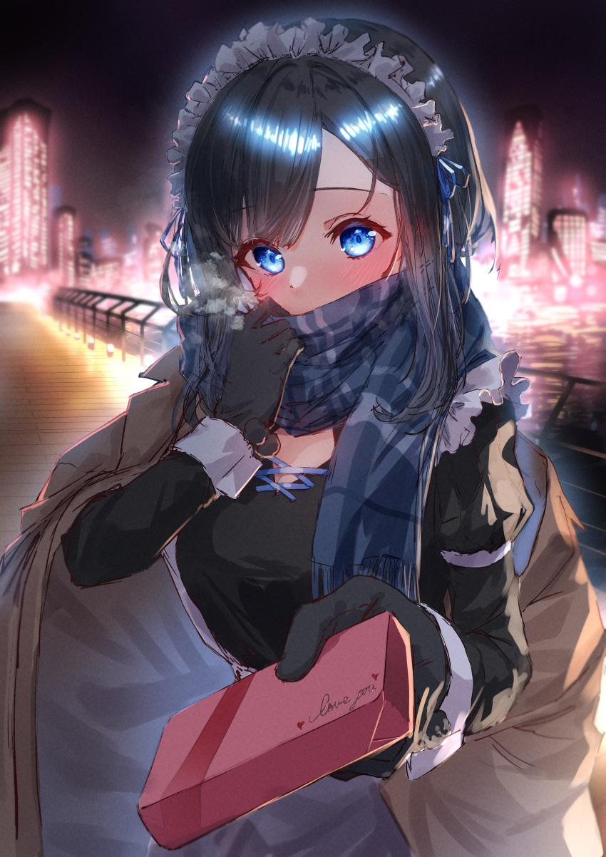 1girl absurdres apron backlighting bangs black_dress black_gloves black_hair black_scarf blue_eyes blush brown_coat cityscape coat cowboy_shot dentaku_music dress english_text eyebrows_visible_through_hair frills gift gloves heart highres holding holding_gift juliet_sleeves long_sleeves maid_headdress night open_clothes open_coat original outdoors puffy_sleeves railing river scarf scarf_over_mouth short_hair solo waist_apron white_apron wrist_cuffs