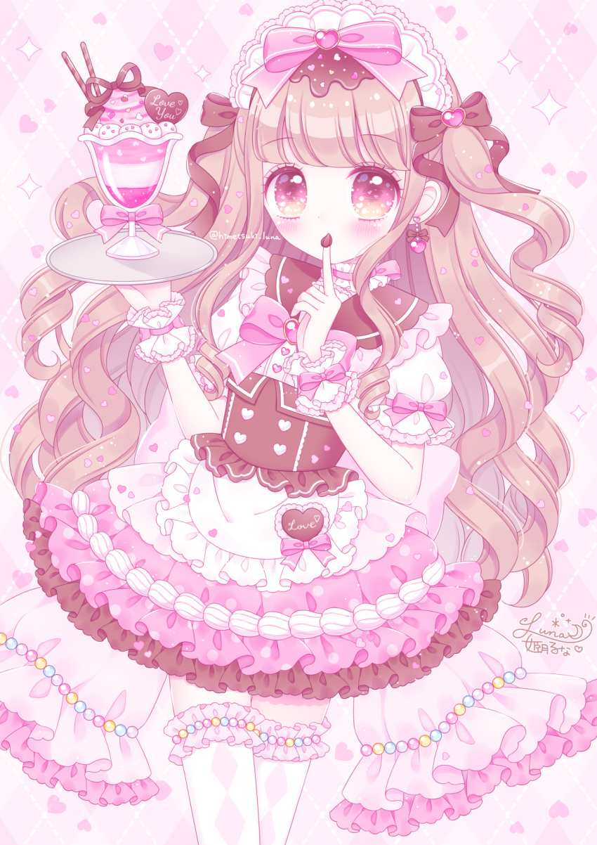 1girl apron argyle argyle_legwear bangs blush bow brown_hair commentary_request eyebrows_visible_through_hair food_on_hand frilled_apron frilled_legwear frills heart heart_background highres himetsuki_luna holding holding_tray long_hair looking_at_viewer original parfait pink_bow pink_eyes pink_skirt plaid plaid_background puffy_short_sleeves puffy_sleeves ringlets shirt short_sleeves signature skirt solo sparkle thighhighs tray twitter_username two_side_up very_long_hair waist_apron white_apron white_legwear white_shirt wrist_cuffs