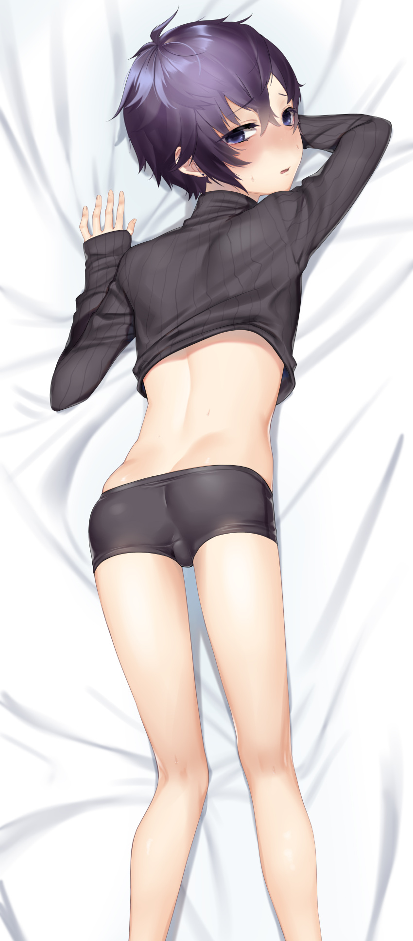 1boy absurdres ass back bangs bare_back bed_sheet black_male_underwear black_sweater blue_eyes blush boxer_briefs bulge clothes_lift dakimakura_(medium) earrings from_above from_behind hands_up highres jewelry kneepits long_sleeves looking_at_viewer looking_back lying male_focus male_underwear no_pants on_stomach original parted_lips purple_hair ribbed_sweater short_hair sleeves_past_wrists solo stud_earrings sweat sweater sweater_lift tawapo tearing_up turtleneck turtleneck_sweater underwear