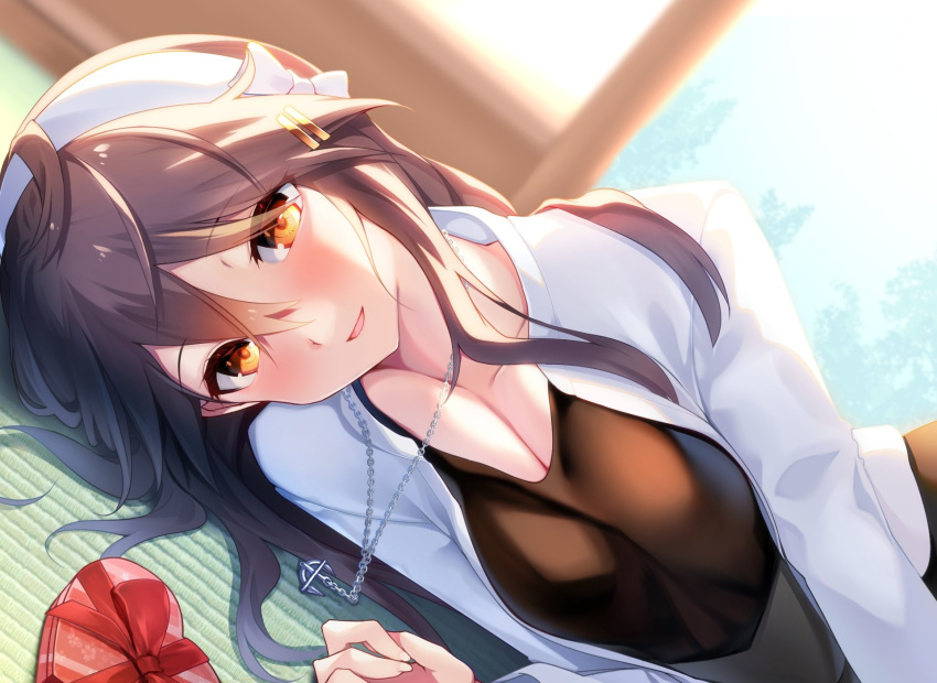 1girl alternate_costume anchor_necklace black_hair box breasts brown_eyes collarbone eyebrows_visible_through_hair gift hair_flaps hair_ornament hairclip haruna_(kancolle) heart-shaped_box highres jewelry kantai_collection large_breasts long_hair looking_at_viewer lying necklace on_side smile tatami tsukui_kachou valentine