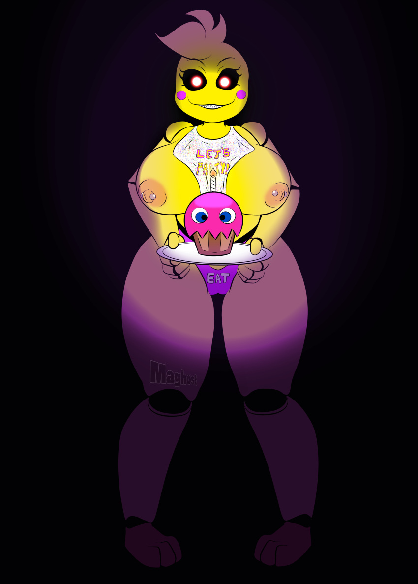 absurd_res animatronic anthro avian big_breasts bird black_background black_sclera breasts clothing cupcake female five_nights_at_freddy's five_nights_at_freddy's_2 food glowing glowing_eyes grin hi_res huge_breasts looking_at_viewer machine maghost nipple_piercing nipples panties piercing robot scottgames sharp_teeth simple_background smile solo teeth toy_chica_(fnaf) underwear video_games