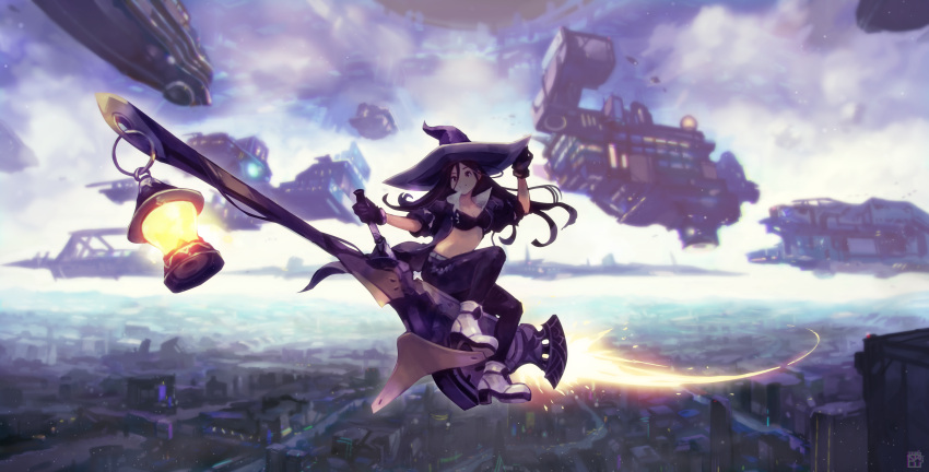 1girl absurdres black_eyes black_gloves black_hair blurry blurry_background breasts broom broom_riding city cleavage flying gloves hair_between_eyes hand_on_headwear hat high_heels highres jacket long_hair medium_breasts navel okuto open_clothes open_jacket original science_fiction short_sleeves sidesaddle smile solo witch witch_hat