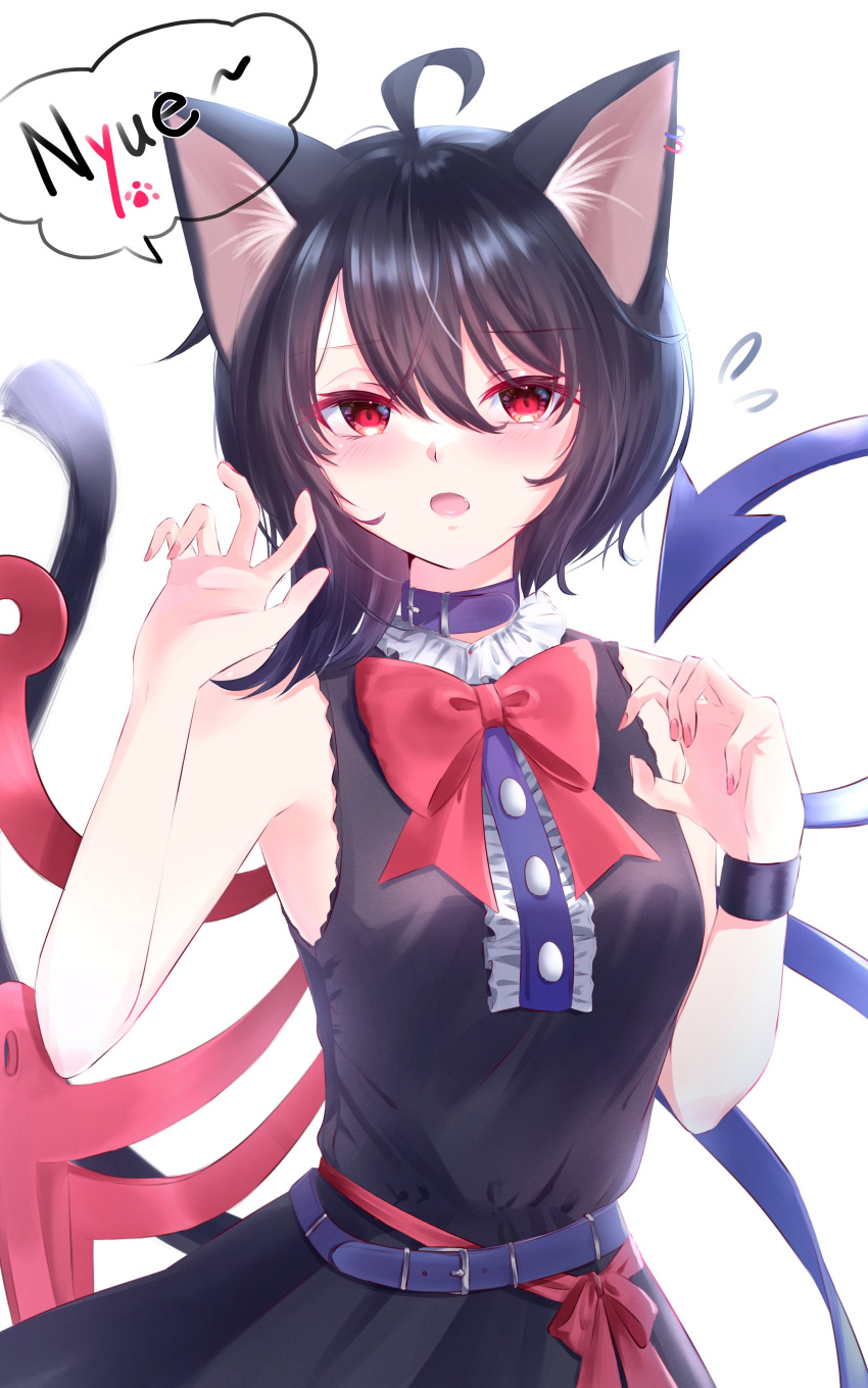 1girl absurdres ahoge animal_ears arms_up asymmetrical_wings bangs belt belt_buckle black_dress black_hair black_wristband blue_belt blue_wings blush breasts buckle buttons cat_ears catchphrase center_frills claw_pose commentary_request dress english_text eyelashes flying_sweatdrops frills highres houjuu_nue looking_at_viewer medium_breasts mizore_arius open_mouth red_eyes red_wings simple_background sleeveless sleeveless_dress solo speech_bubble standing touhou white_background wings