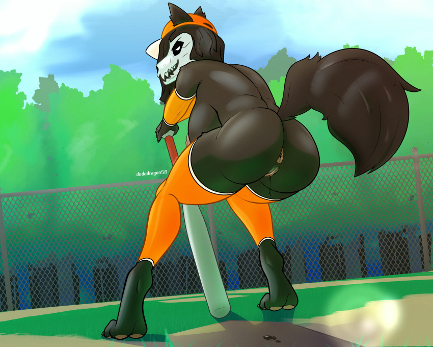 absurd_res anthro anus baseball_bat baseball_cap bat_(object) bodily_fluids bone breasts canid canine cel_shading clothing crouching detailed_background dododragon56 dripping female fence field fur genital_fluids genitals grass hat headgear headwear hi_res leggings legwear looking_at_viewer looking_back malo mammal monster nipples nude plant pussy pussy_juice raised_tail scp-1471 scp_foundation shaded skull skull_head sky smile solo tree