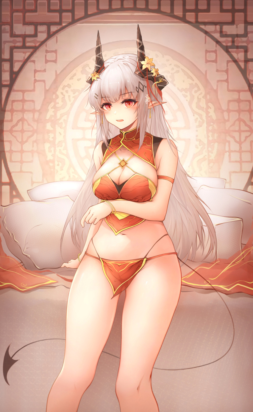 1girl absurdres arknights arm_strap arm_under_breasts backlighting bangs bare_legs bare_shoulders bed blush bracelet breasts chinese_clothes cleavage dudou earrings eyebrows_visible_through_hair feet_out_of_frame flower highres horn_flower horns jewelry jueduihuoli large_breasts mudrock_(arknights) navel open_mouth pillow pointy_ears pussy red_eyes revealing_clothes see-through sidelocks solo standing stomach tail yellow_flower