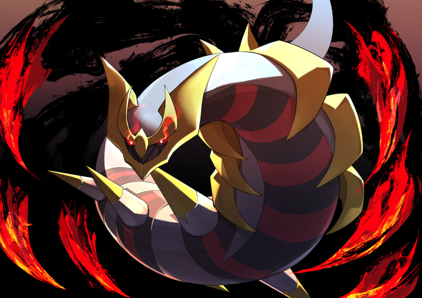 bright_pupils commentary_request eye_trail giratina giratina_(origin) glowing glowing_eyes highres looking_at_viewer no_humans pokemon pokemon_(creature) red_eyes solo spikes take_yaki white_pupils