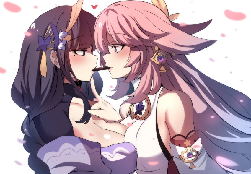 2girls absurdres asymmetrical_docking bangs bare_shoulders black_hair blunt_bangs blush braid breast_press breasts cleavage commentary detached_sleeves english_commentary eye_contact eyebrows_visible_through_hair flower from_side genshin_impact hair_flower hair_ornament hand_on_another's_chin highres hinghoi large_breasts long_hair long_sleeves looking_at_another mole mole_under_eye multiple_girls petals pink_hair profile purple_eyes purple_flower raiden_shogun shared_food shrug_(clothing) simple_background single_braid upper_body valentine very_long_hair white_background yae_miko