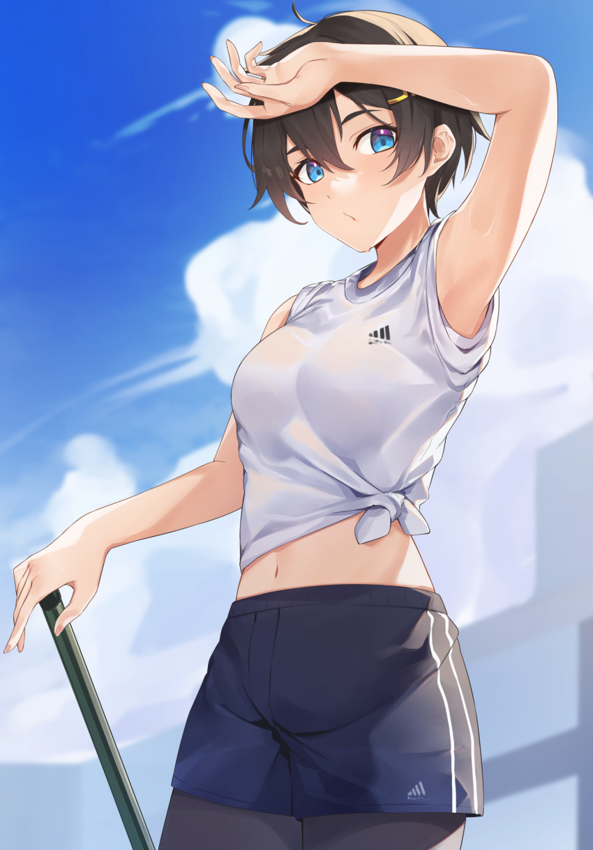 1girl :o adidas arm_above_head armpits blue_eyes blue_shorts breasts brown_hair cloud day hair_between_eyes highres legwear_under_shorts looking_at_viewer medium_breasts midriff navel original shirt short_hair shorts solo tapioka_(oekakitapioka) tied_shirt white_shirt