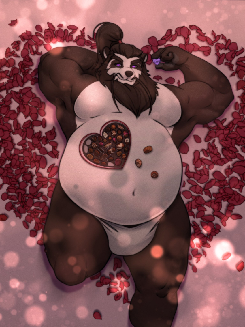 2022 anthro asian_clothing belly black_body black_nose blizzard_entertainment clothing cobaltgrande east_asian_clothing fundoshi hi_res holidays humanoid_hands japanese_clothing lying male mammal moobs overweight overweight_male pandaren solo underwear ursid valentine's_day video_games warcraft white_body white_clothing white_fundoshi white_underwear