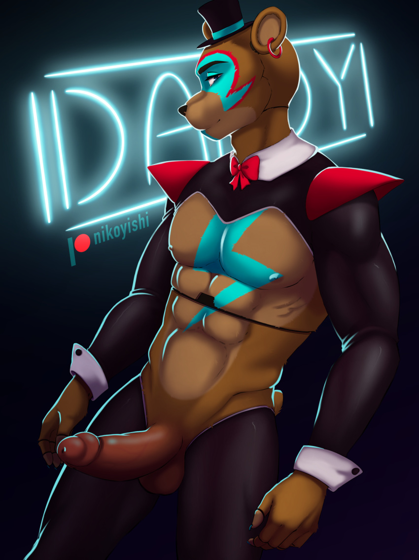 2022 animatronic anthro armwear balls black_clothing black_topwear bottomwear bow_tie clothed clothing conditional_dnp daddy_kink digital_media_(artwork) ear_piercing english_text erection five_nights_at_freddy's five_nights_at_freddy's:_security_breach fur genitals glamrock_freddy_(fnaf) half_naked hat headgear headwear hi_res humanoid_genitalia humanoid_penis latex latex_armwear latex_bottomwear latex_clothing latex_legwear latex_thigh_highs latex_topwear legwear looking_at_viewer machine male mammal muscular nikoyishi nipples nude penis piercing reverse_bunny_costume robot rubber scottgames shaded simple_background smile solo standing text top_hat topwear ursid video_games