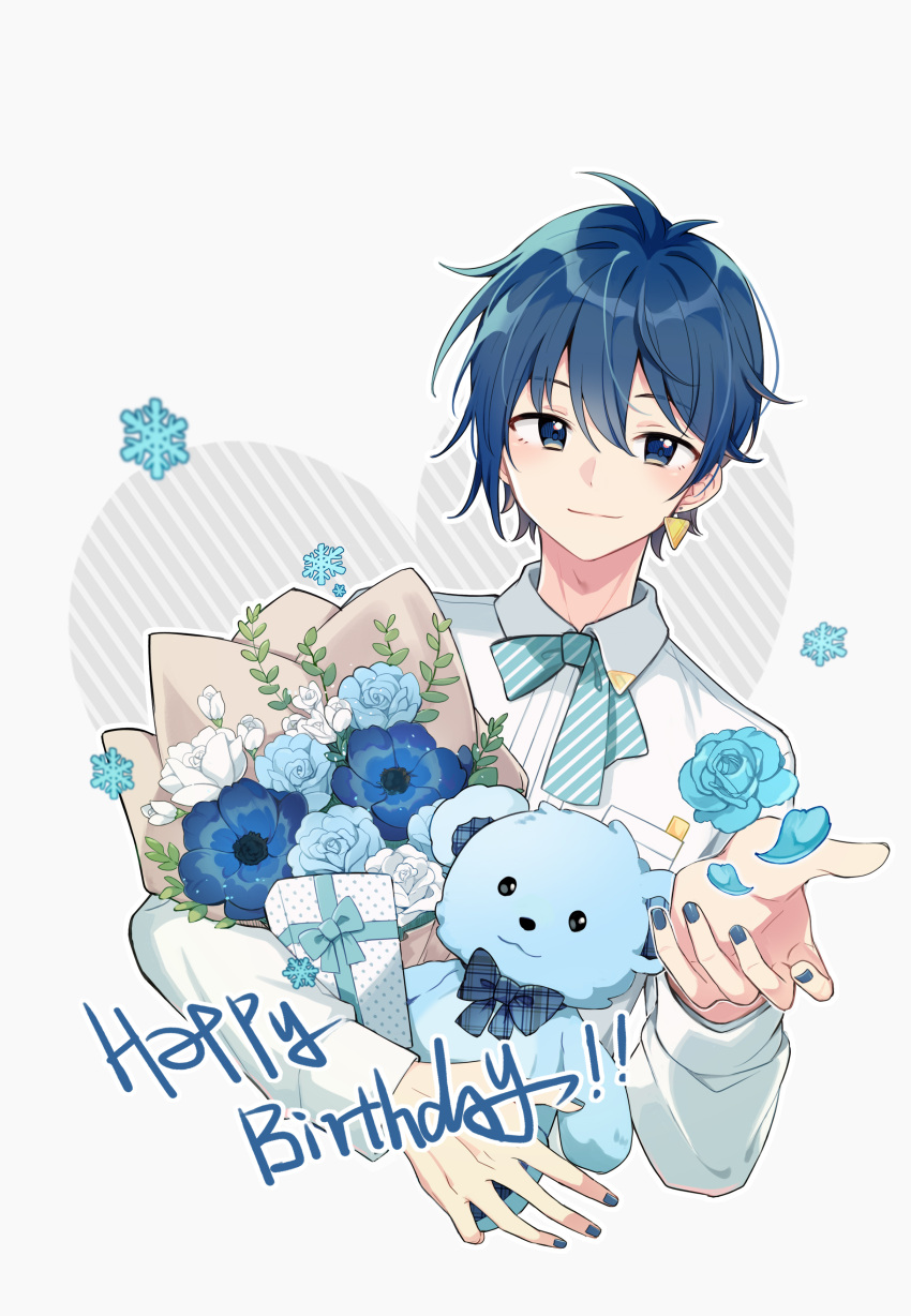 1boy absurdres blue_bow blue_bowtie blue_eyes blue_flower blue_fur blue_hair blue_nails blue_theme bouquet bow bowtie chinese_commentary commentary cropped_torso earrings fenghu_(huli) flower gift happy_birthday heart highres holding holding_bouquet holding_gift holding_stuffed_toy jewelry kaito_(vocaloid) looking_at_viewer male_focus nail_polish shirt smile snowflakes solo stuffed_animal stuffed_toy teddy_bear triangle_earrings upper_body vocaloid white_background white_flower white_shirt