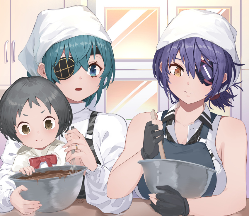 3girls absurdres apron bandana black_apron black_eyes black_gloves black_hair breasts checkered_necktie collared_shirt cooking eyepatch gegeron gloves green_eyes green_hair headgear highres kantai_collection kiso_(kancolle) kitchen large_breasts long_sleeves maru-yu_(kancolle) medium_hair multiple_girls necktie partially_fingerless_gloves purple_hair shirt short_hair sleeveless sleeveless_shirt tenryuu_(kancolle) tenryuu_kai_ni_(kancolle) valentine white_bandana white_shirt yellow_eyes