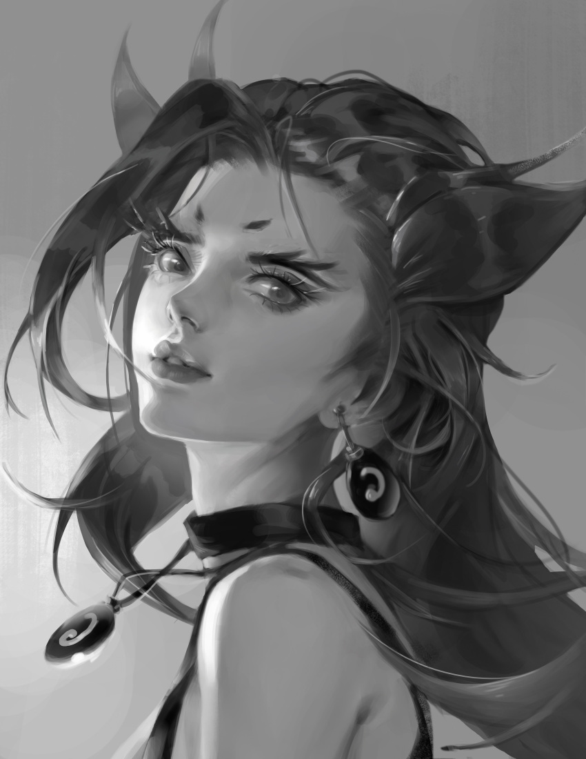 1girl absurdres aling_(shanatans) bangs bare_shoulders choker earrings from_side gradient gradient_background grey_background hair_ornament highres jewelry league_of_legends long_hair looking_at_viewer monochrome necklace parted_lips portrait solo zyra