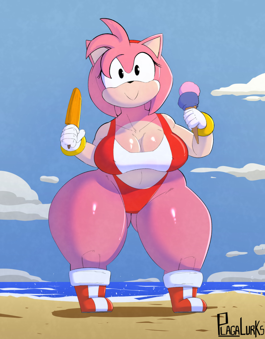 amy_rose anthro beach big_breasts bikini breasts butt_from_the_front cleavage clothed clothing dessert eulipotyphlan female food hair hedgehog hi_res ice_cream mammal overweight pink_hair plaga seaside sega solo sonic_the_hedgehog_(series) swimwear thick_thighs